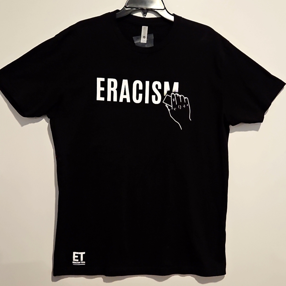 ERACISM black short sleeve graphic tee hand with an eraser Lg.